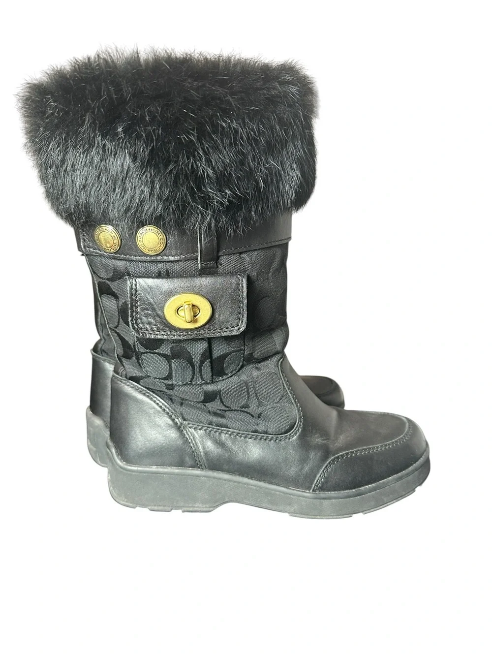 Coach Black Logo-Panel Fur Cuff Boots with Gold Turn-Lock